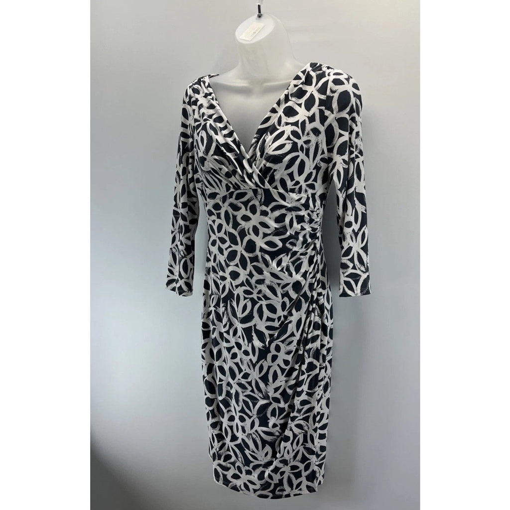 Lauren Ralph Lauren Gray White Printed Surplice Faux Wrap Dress Womens Stretch 4