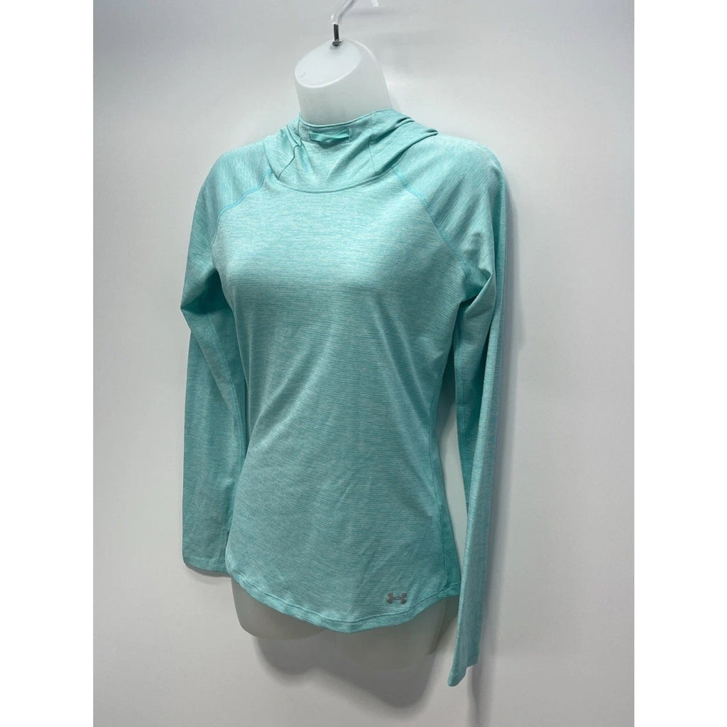 Under Armour Run Fitted Long Sleeve Hooded Shirt Pockets Blue Womens XS