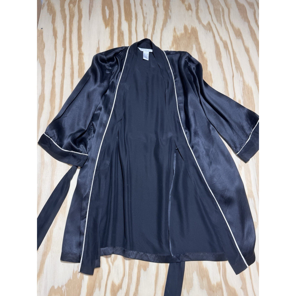 August Silk Intimates Black Silk Wrap Robe White Piping Women’s Size M Kimono