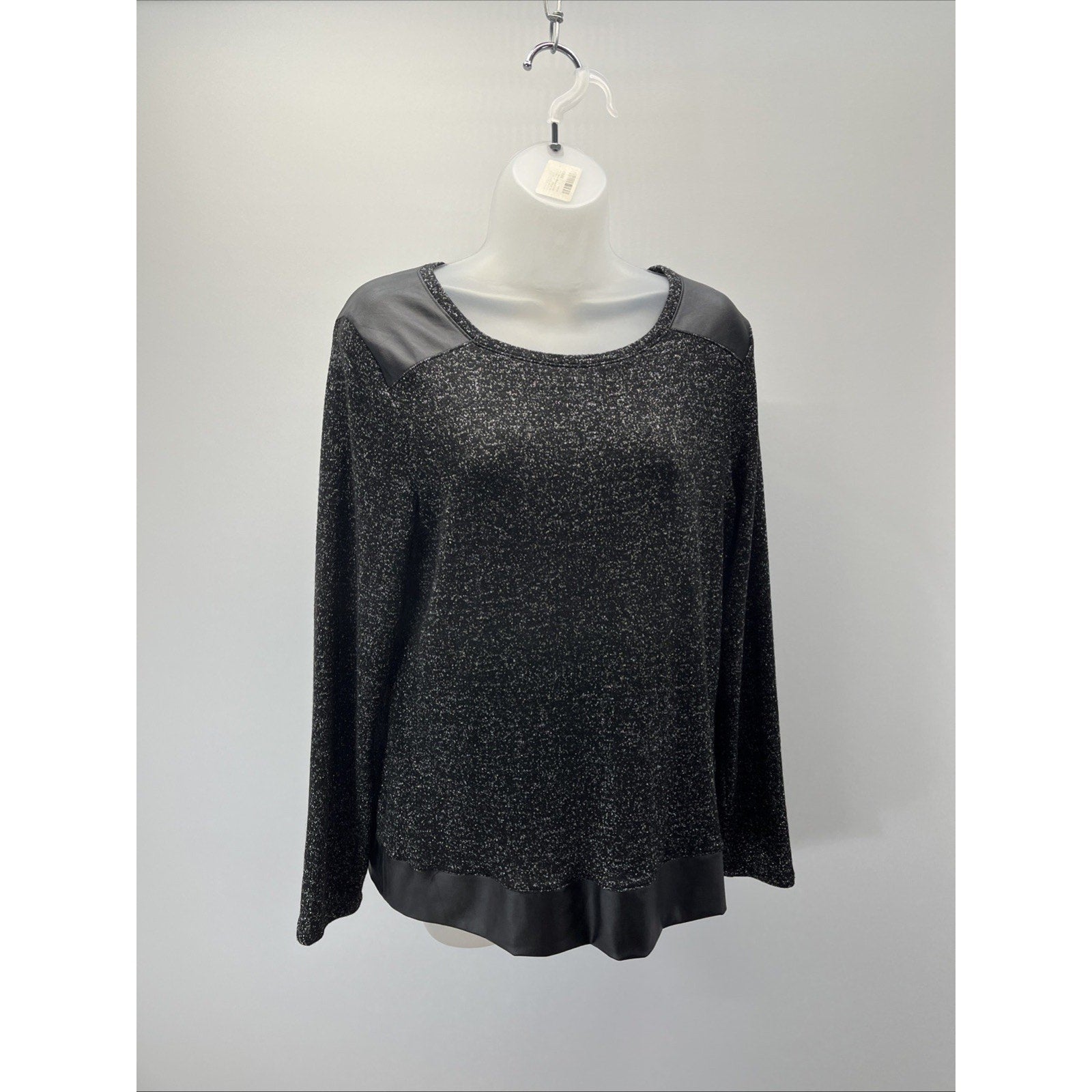 Chico's Womens Metallic Faux Leather Trim Blouse Size 1 Black Long Sleeve