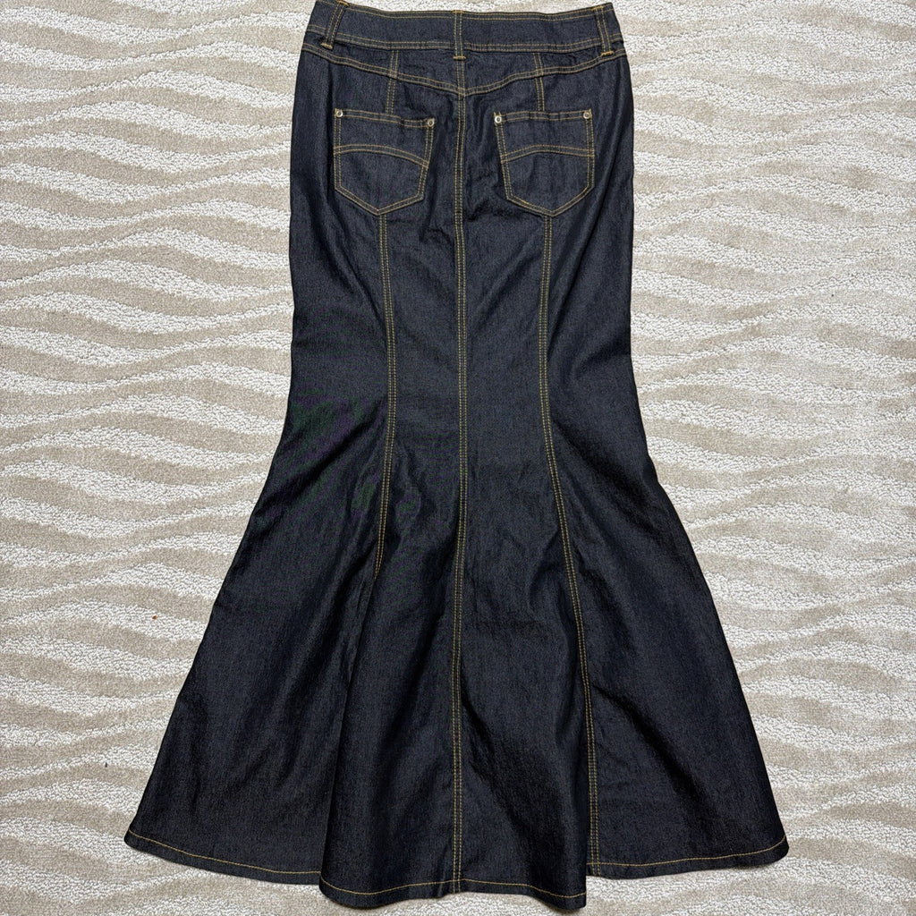 BISOU BISOU sz 4 Flared Denim Mermaid Long Jean Skirt Michele Bohbot Dark Denim