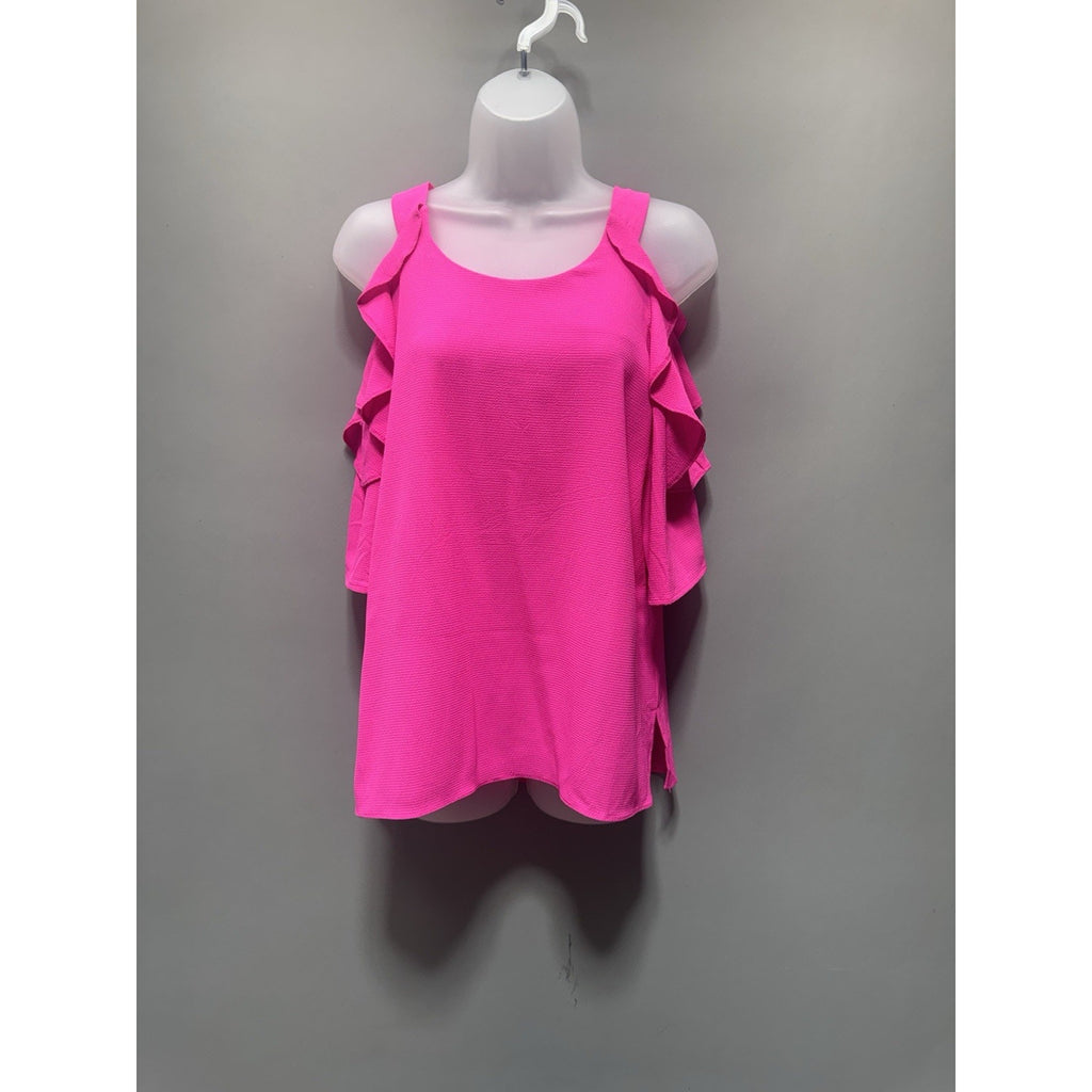 Umgee Cold Shoulder Ruffle Top Women’s Small Hot Pink Boutique Blouse NWT