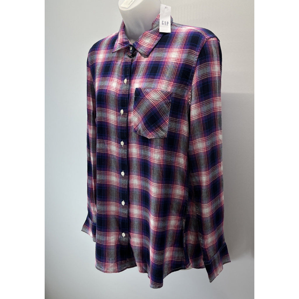 NWT Gap Long Sleeve Drapey Plaid Button Up Top Navy Pink Soft Size S