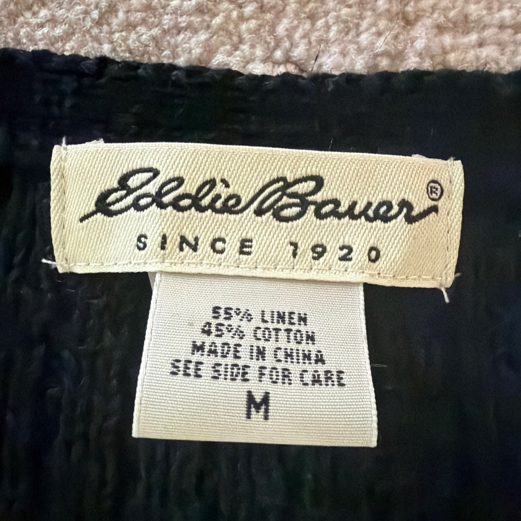 Vintage Eddie Bauer Sweater Women's Medium Black Linen Blend Knit Cardigan Vest