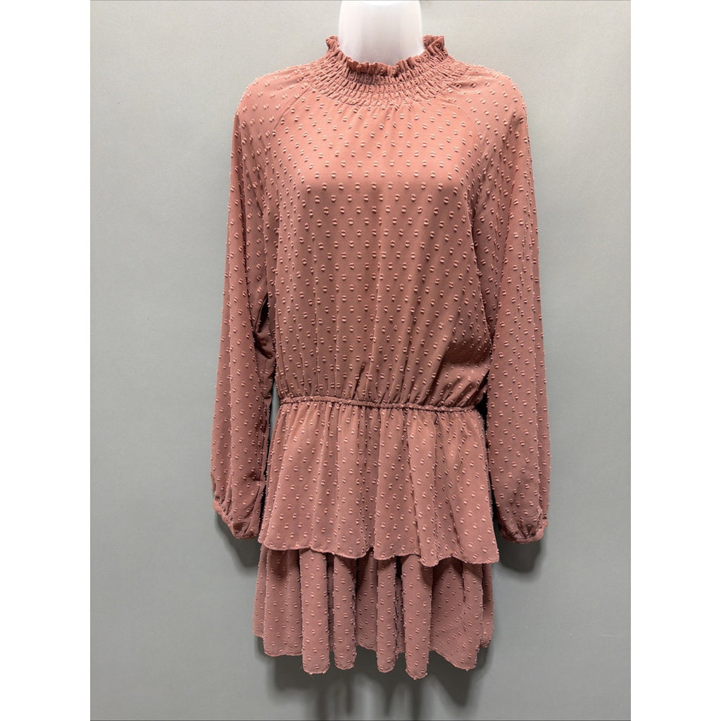 Mustard Seed Dusty Rose Swiss Dot Tiered Babydoll Mini Dress M Boho Lagenlook