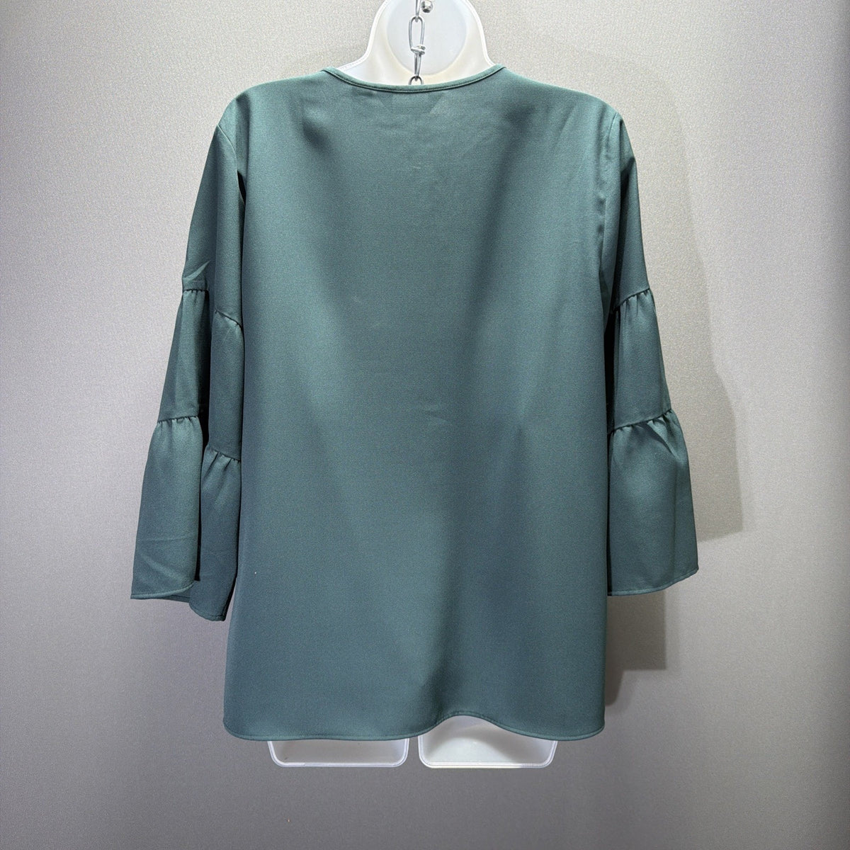 Lands End Womens Green V-Neck Blouse Size 14 Petite Bell Sleeves Casual Career