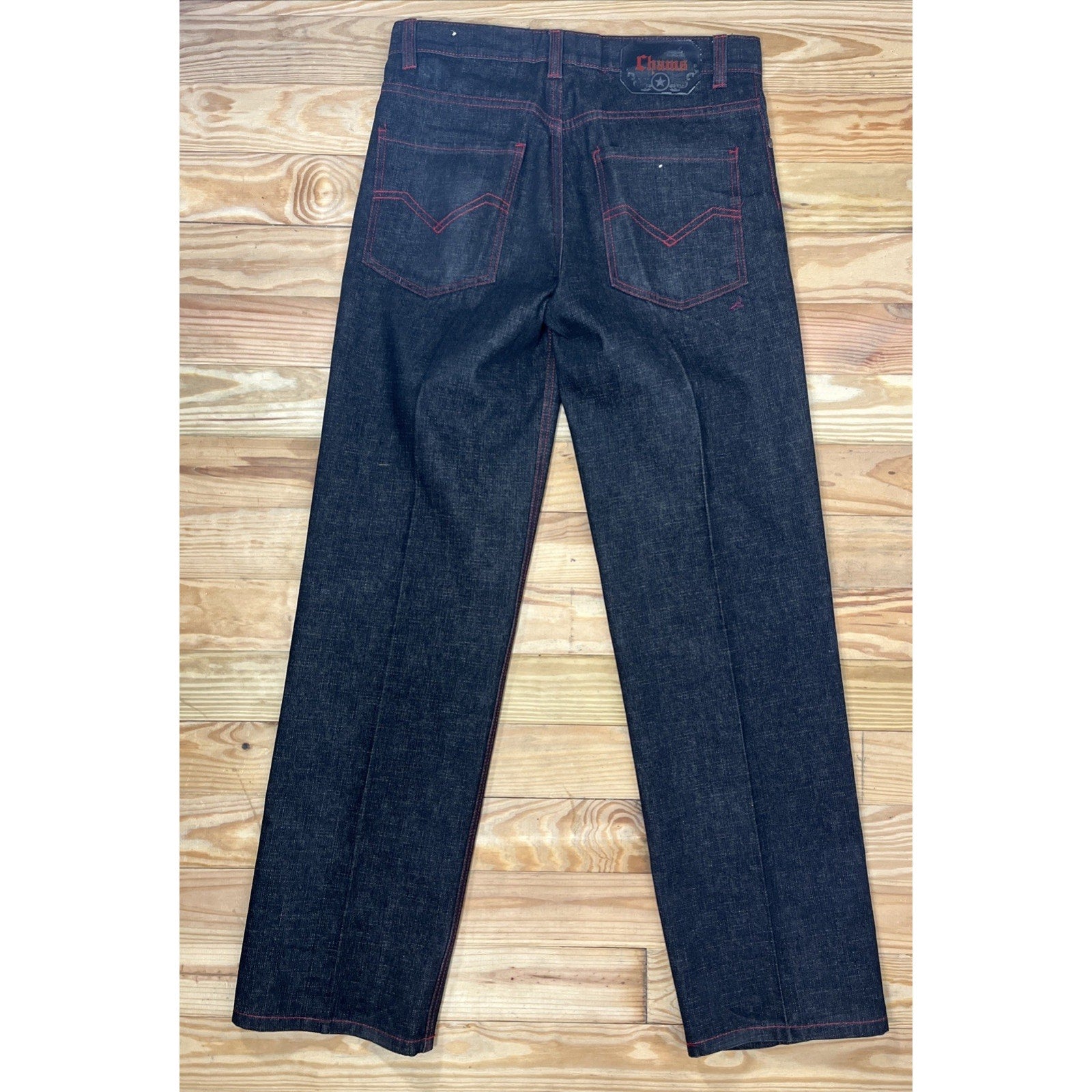 Chams Stitched Y2K Baggy Jeans Dark Wash Red Stitch Streetwear Wide Denim Sz 30