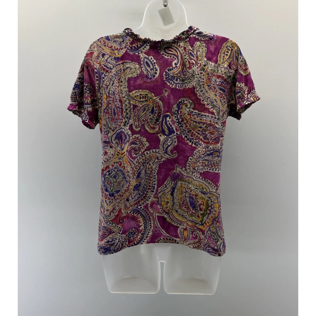 Lauren Ralph Lauren Small Top Blouse Purple Paisley Short Sleeve Tie Neck M