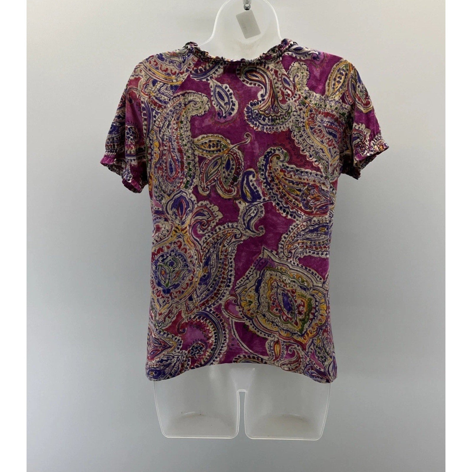 Lauren Ralph Lauren Small Top Blouse Purple Paisley Short Sleeve Tie Neck M