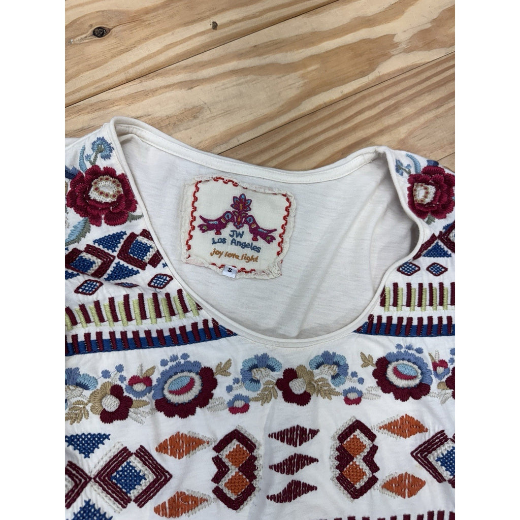Johnny Was Embroidered Ivory Aztec Bohemian Jersey Blouse Women’s Size Small
