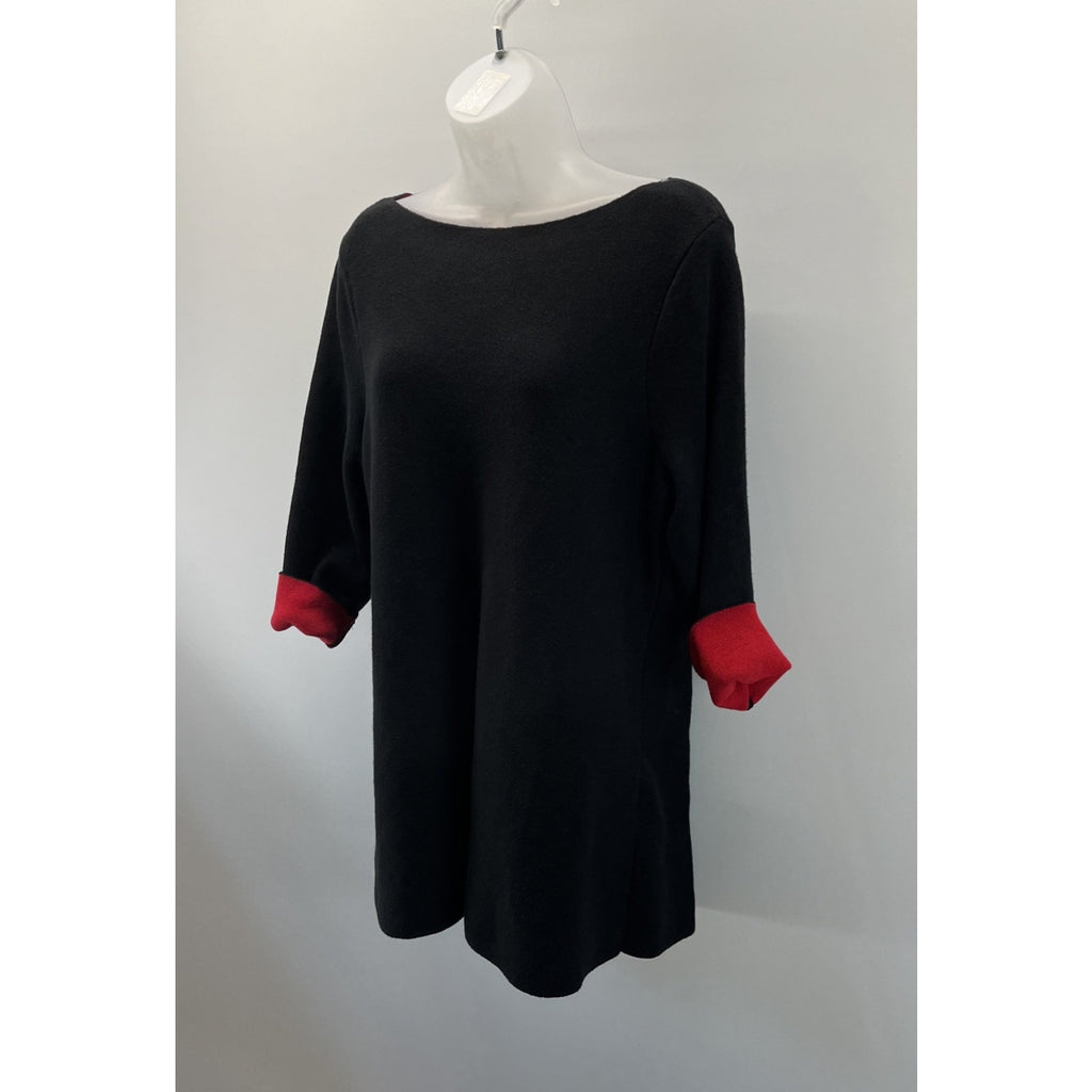 Chico’s Bi-Color Double Knit Sweater Black Red 3/4 Sleeves Soft Cozy Sz L