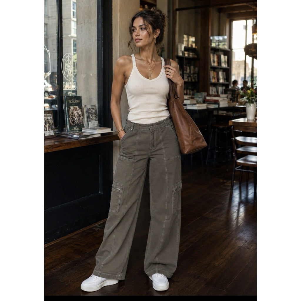 Rachel Paige Cargo Tan Sz M High Rise Elastic Waistband Wide Leg Casual Pants