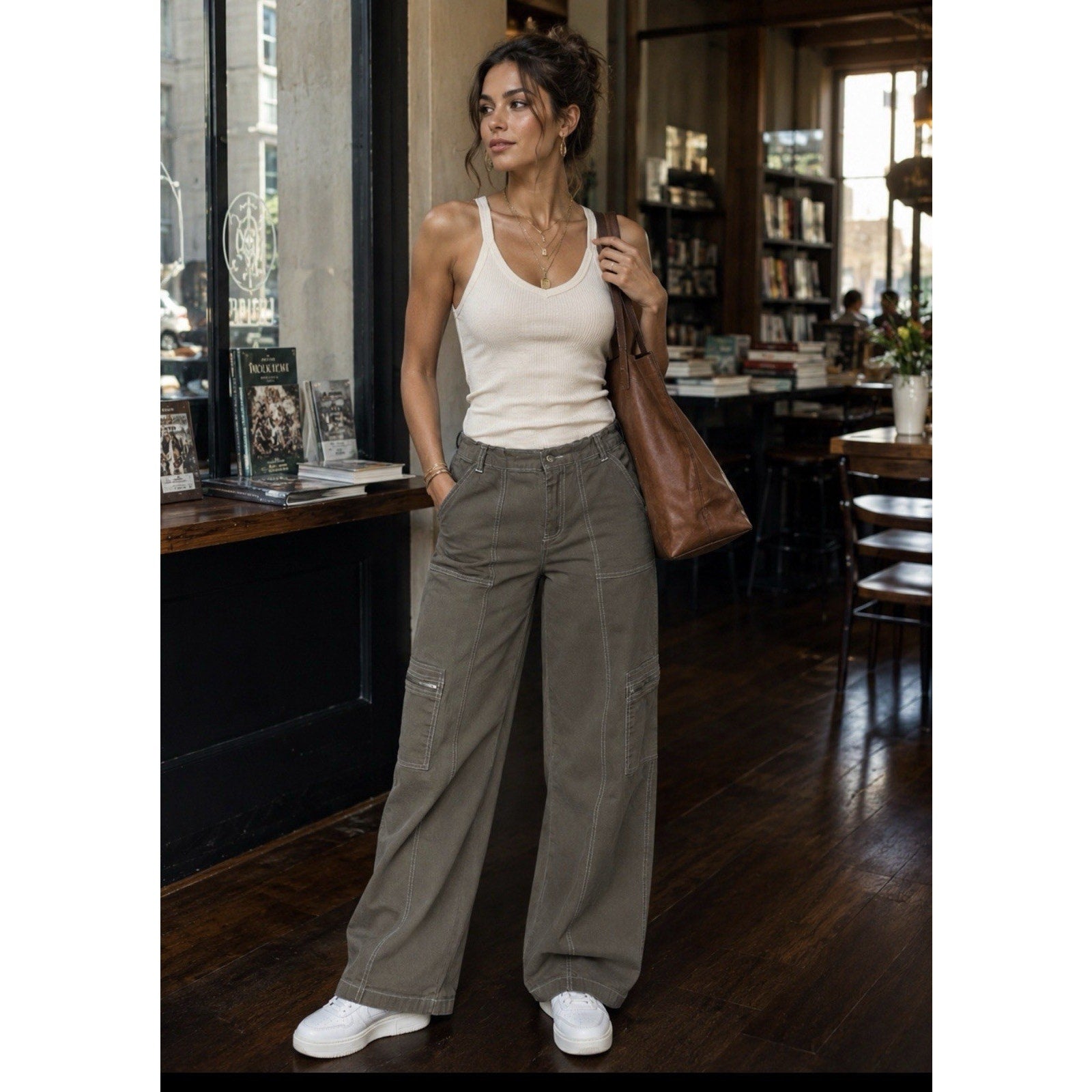 Rachel Paige Cargo Tan Sz M High Rise Elastic Waistband Wide Leg Casual Pants