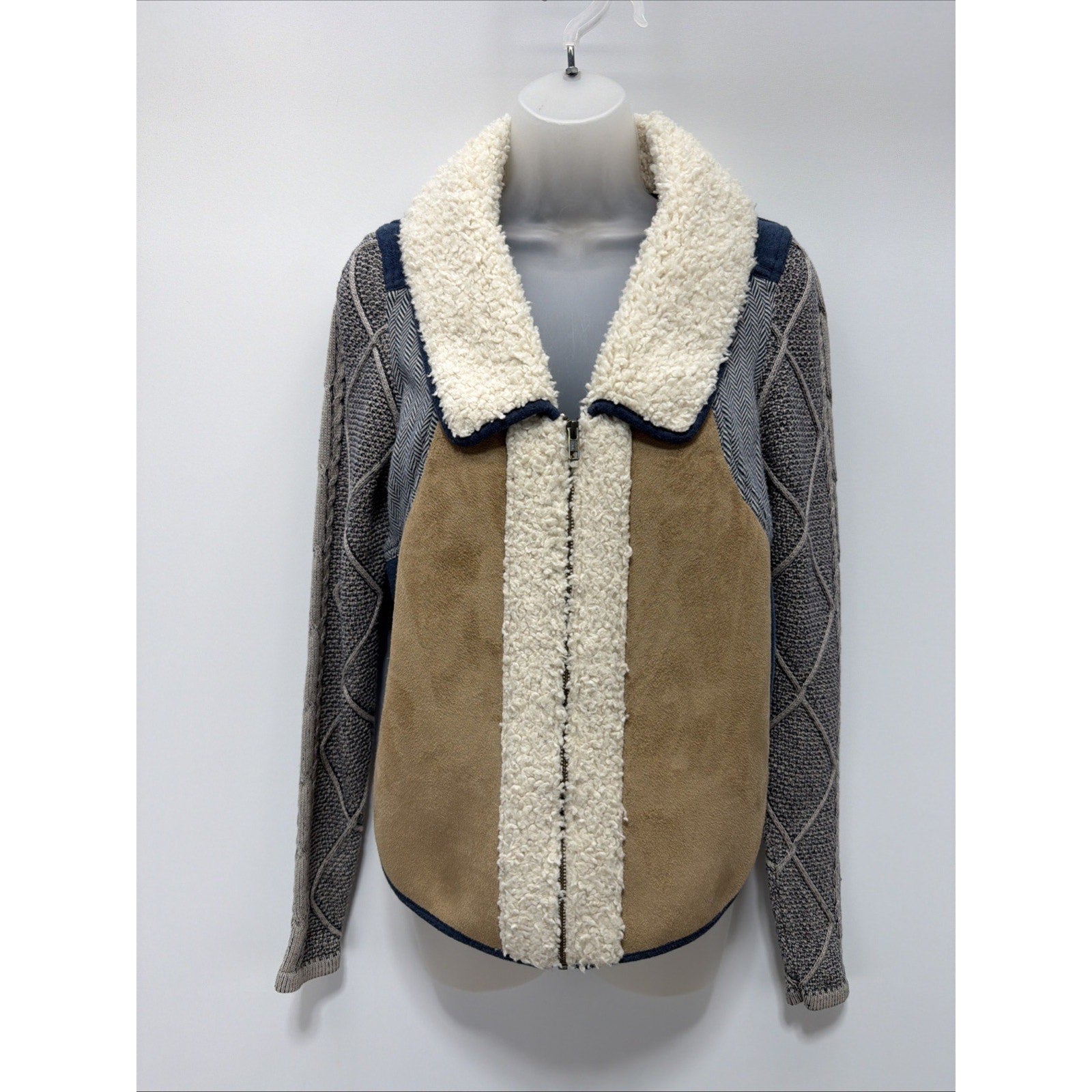 Anthropologie Saturday Sunday Sherpa Patchwork Faux-Suede Zip Jacket S Blue Tan