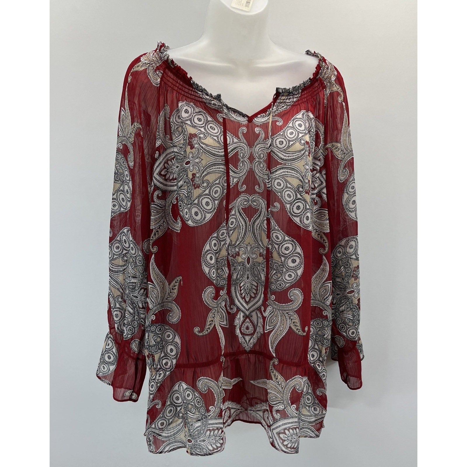 CHICO's 2 Womens L Blouse Shirt Burgundy Black Tan Paisley Print V Neck