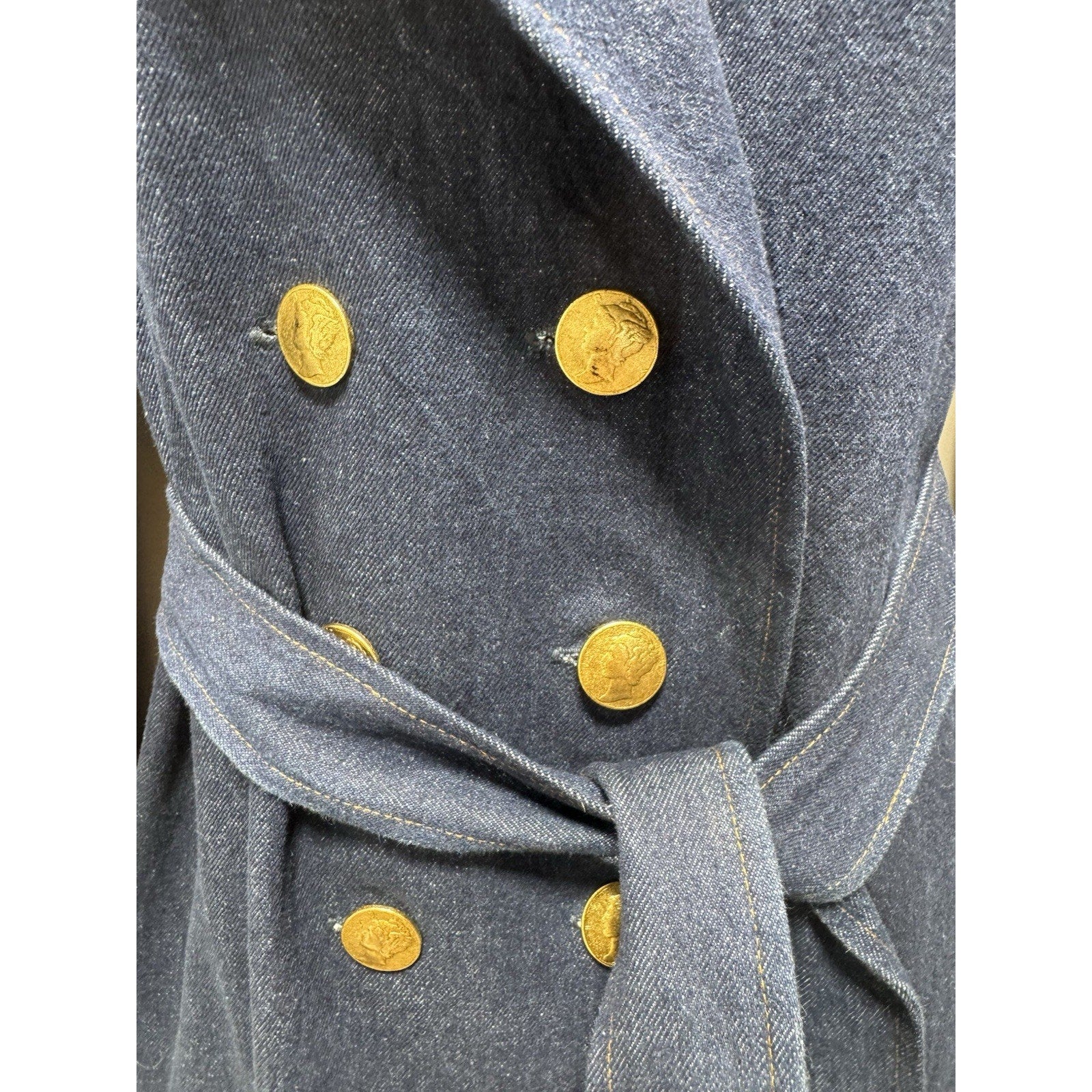 Naome House Adorn Dark Wash Denim Double Breast Trench Coat Gold Button New S/M