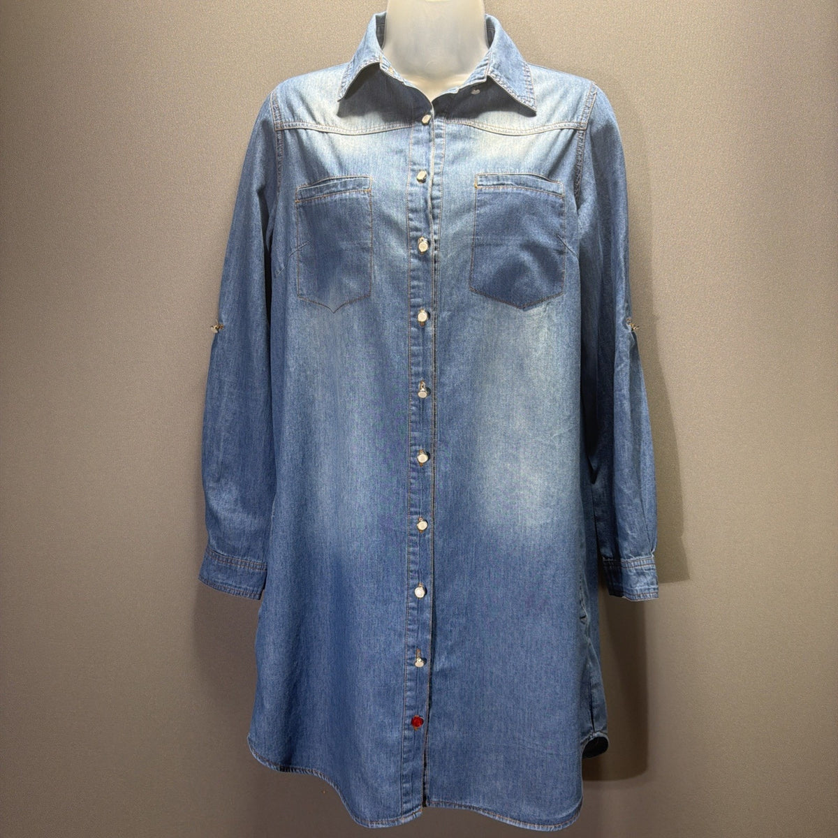 Leshop Denim Chambray Shirt Dress Oversized Fit & Flare Long Sleeve w/Pockets S