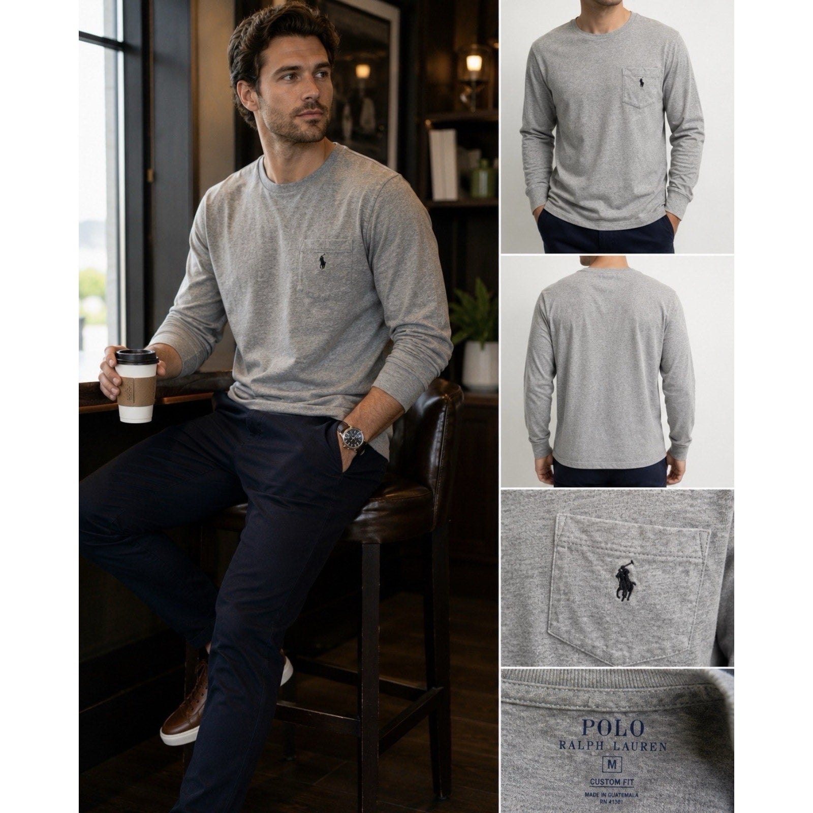 Polo Ralph Lauren Mens M Gray Long Sleeve Pocket T Shirt Black Pony Logo