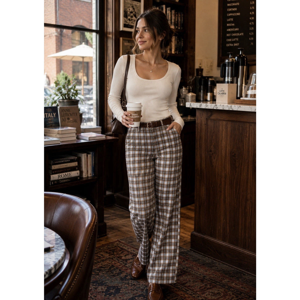 Hollister High Rise Baggy Pants Womens 00R W23 Brown Blue Plaid Wide Leg Y2K