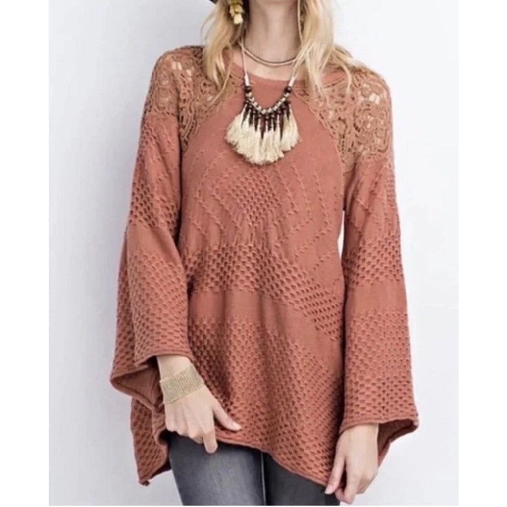Anthropologie Easel Boho Textured knit Crochet Sweater Tunic Bell sleeves S/M