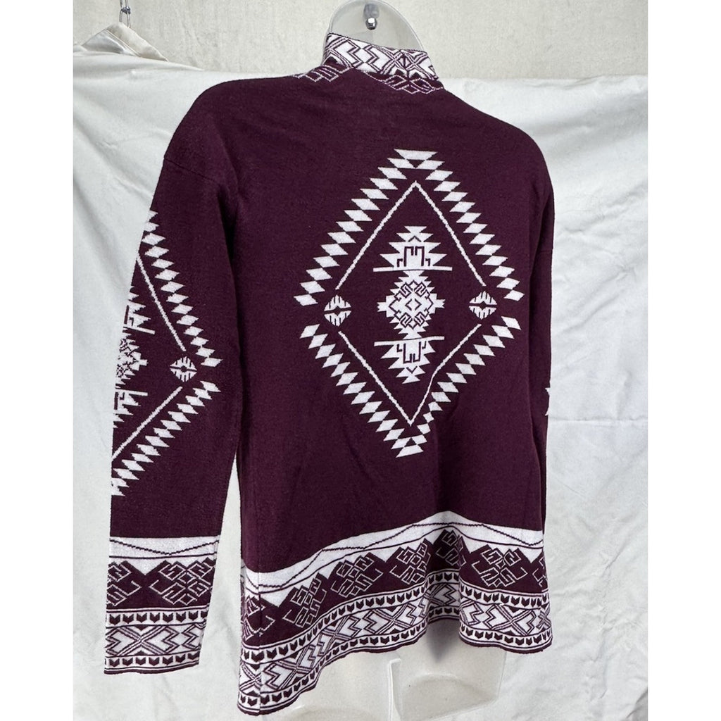 Pink Republic Long Sleeve Open Cardigan Sweater Burgundy Aztec Design Small