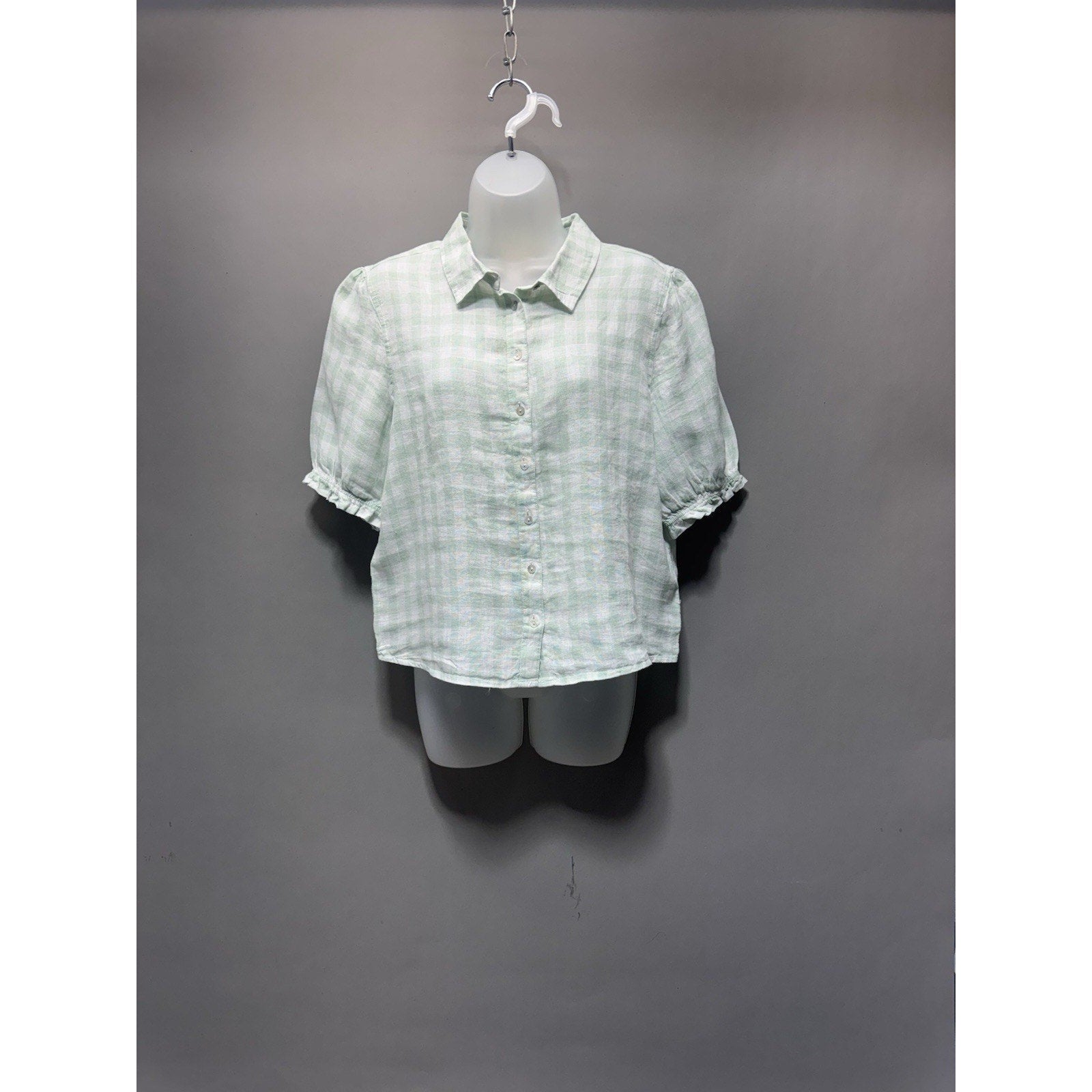 Laura Ashley 100% Linen Mint Green Plaid Button Shirt Large Puff Sleeve