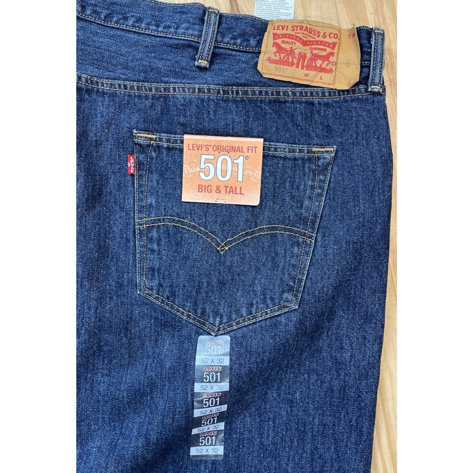 NEW Levis Mens 501 Original Fit Denim Jeans Straight Button Fly 52x28 Hemmed