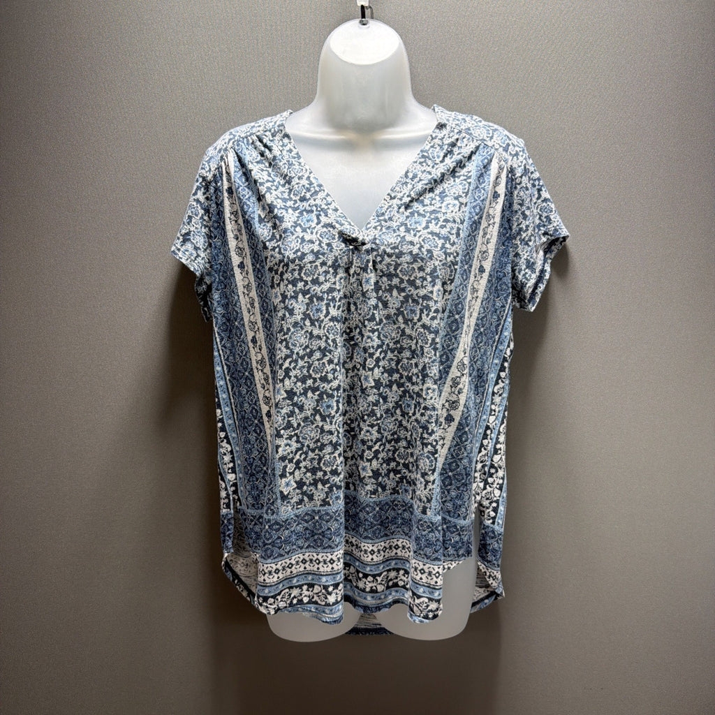 Womens Large Lucky Brand Short Sleeve Notch Neck Floral Shirt Top Blue White