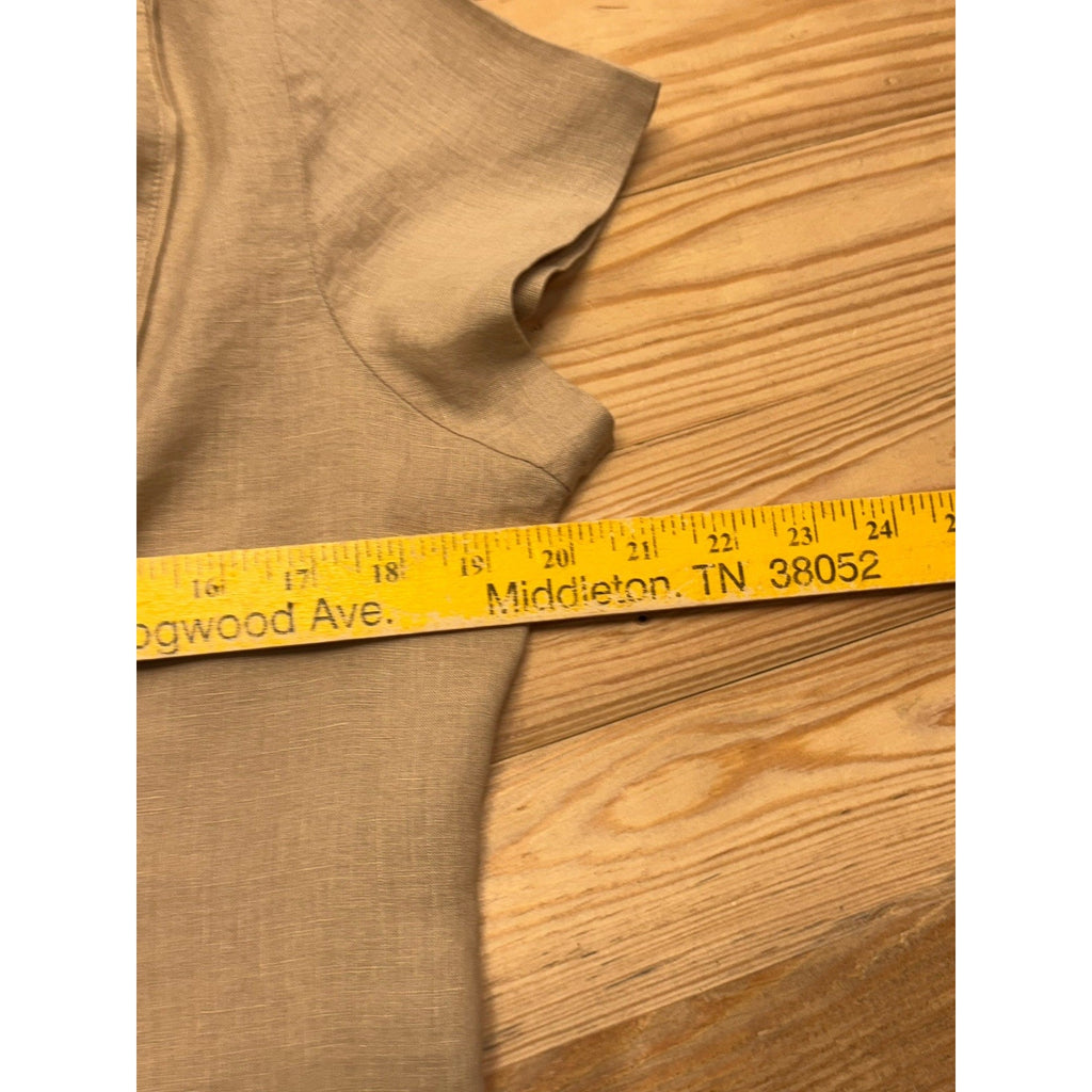Jones New York Tan Linen Cap Sleeve Button Down Blouse Designer Buttons Size 12