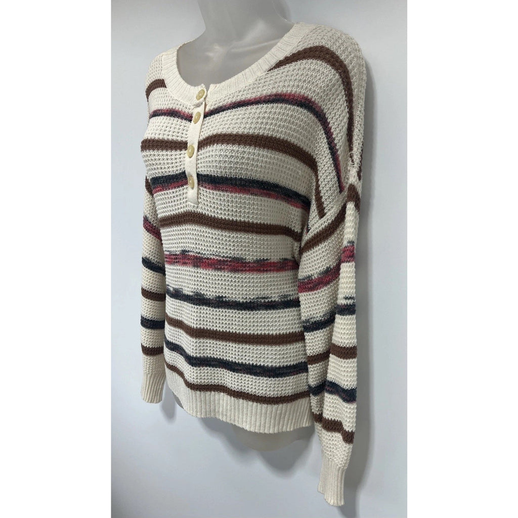 American Eagle Cream Striped Open Knit Relaxed Henley Sweater XS