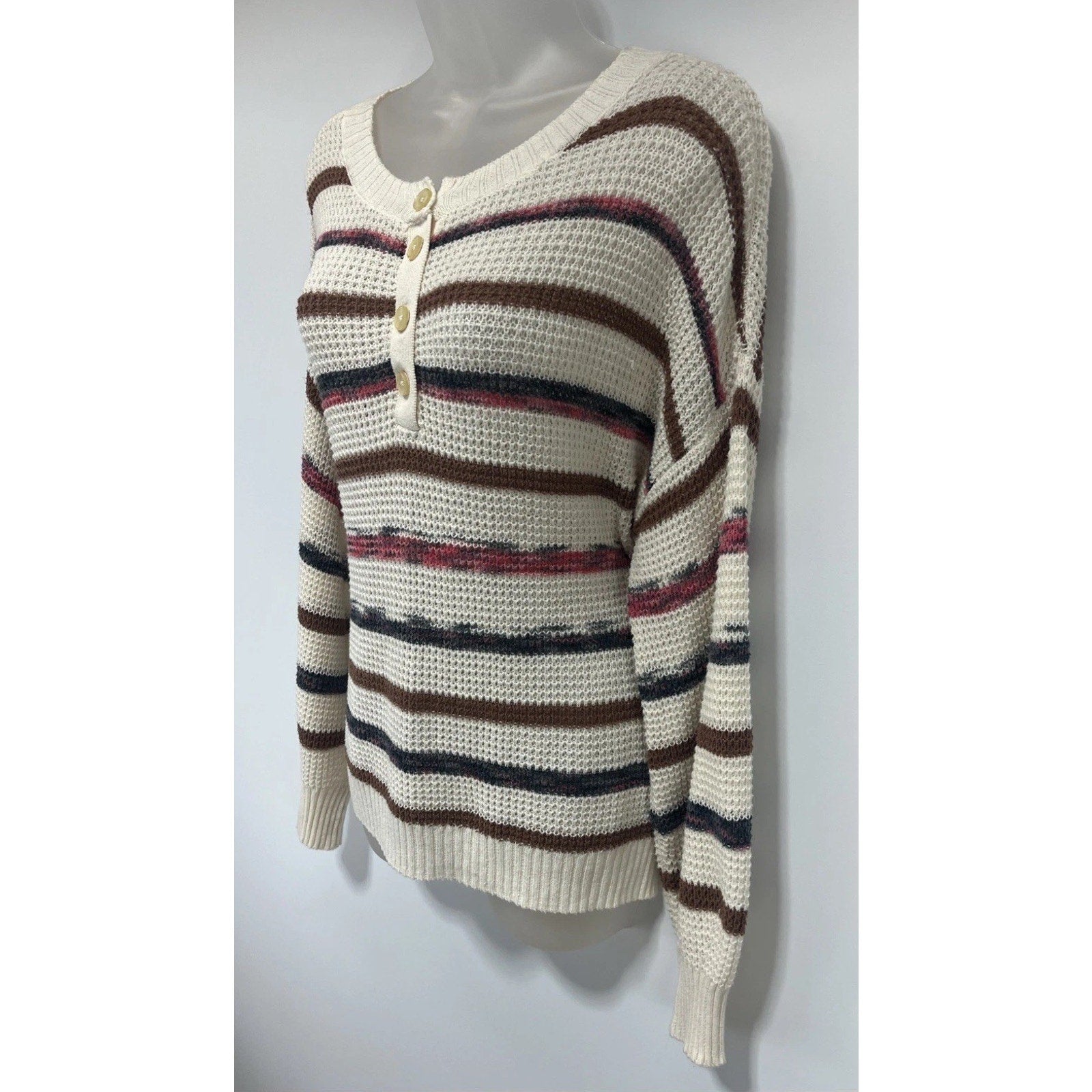American Eagle Cream Striped Open Knit Relaxed Henley Sweater XS