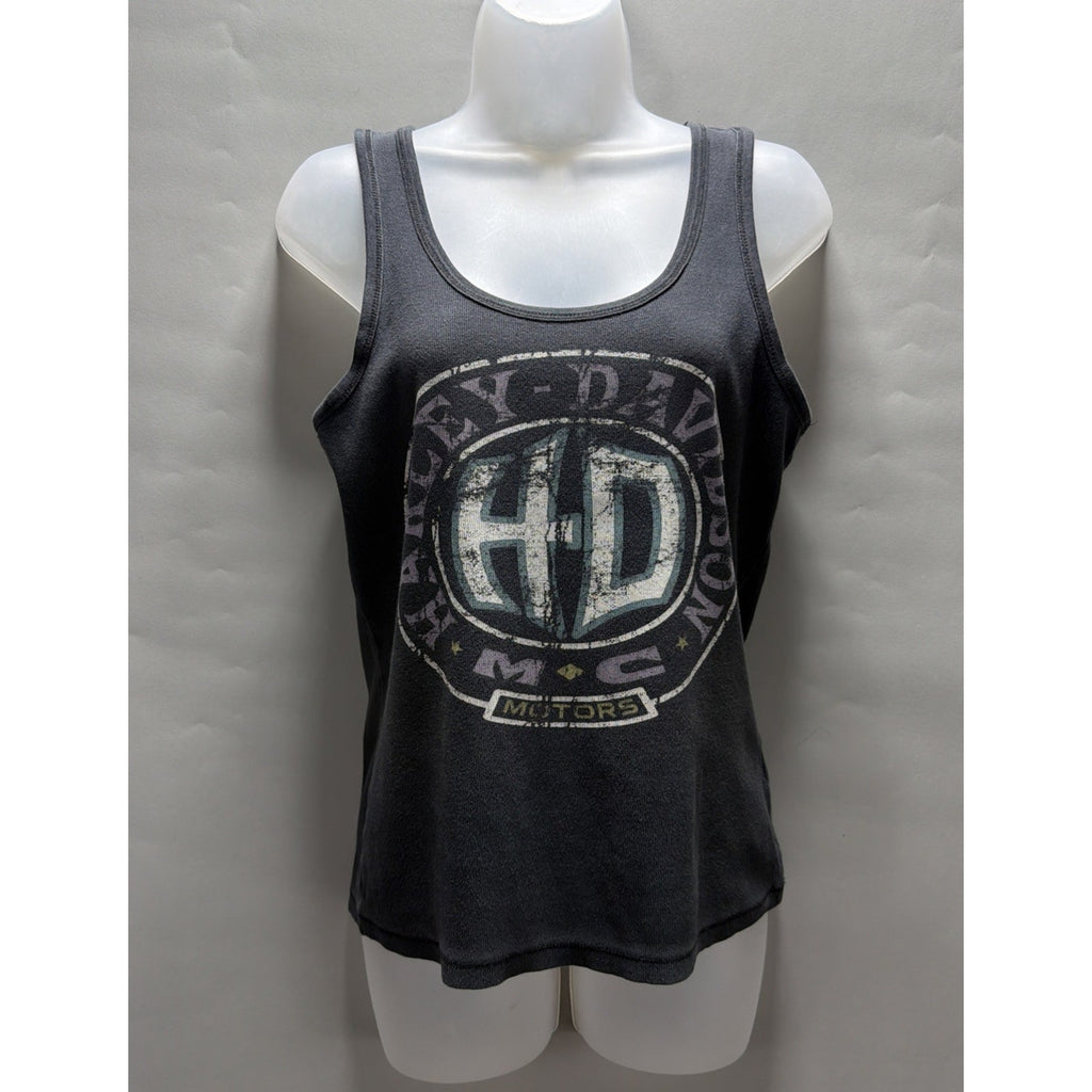 Harley Davidson Womens Black Ribbed Tank Top Distressed Faded Size Medium