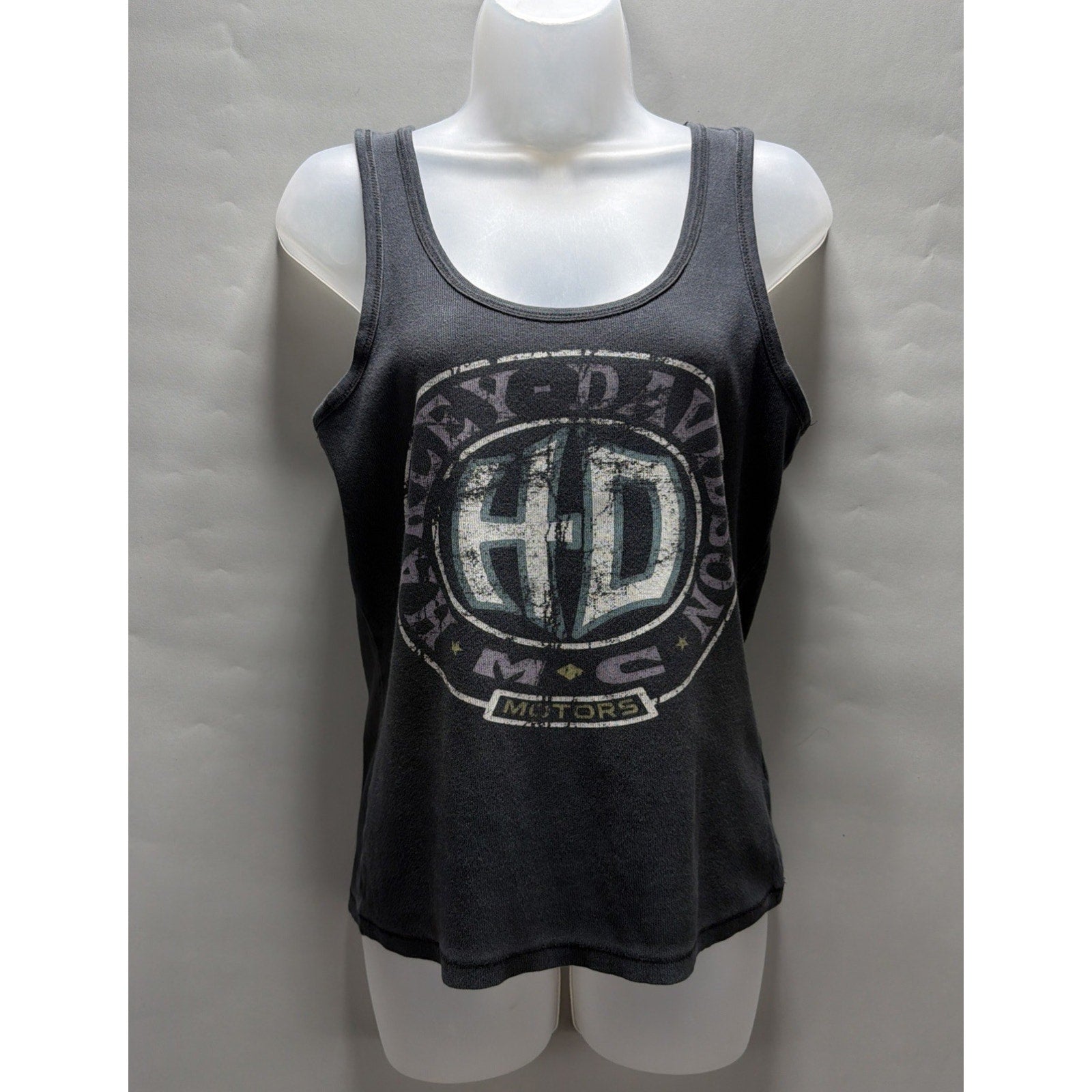 Harley Davidson Womens Black Ribbed Tank Top Distressed Faded Size Medium