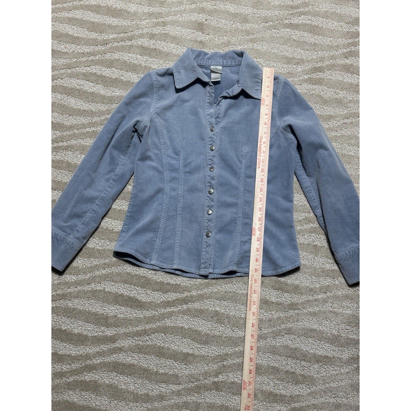 Womens Small Light Blue Stretch Corduroy Snap Front Shirt Jacket Fitted Western