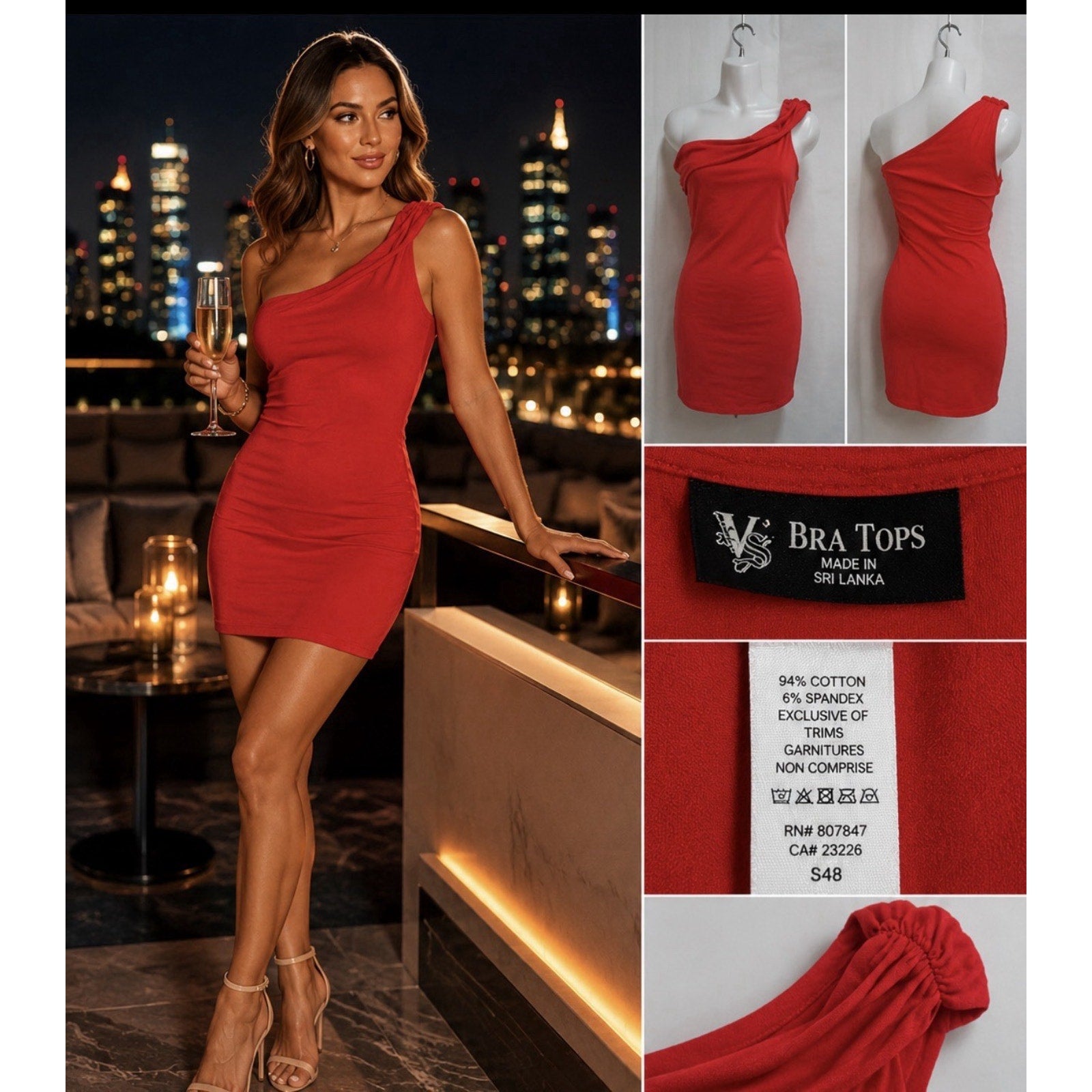 VS Bra Tops Red One Shoulder Bodycon Dress Built-In Bra Stretch Size S