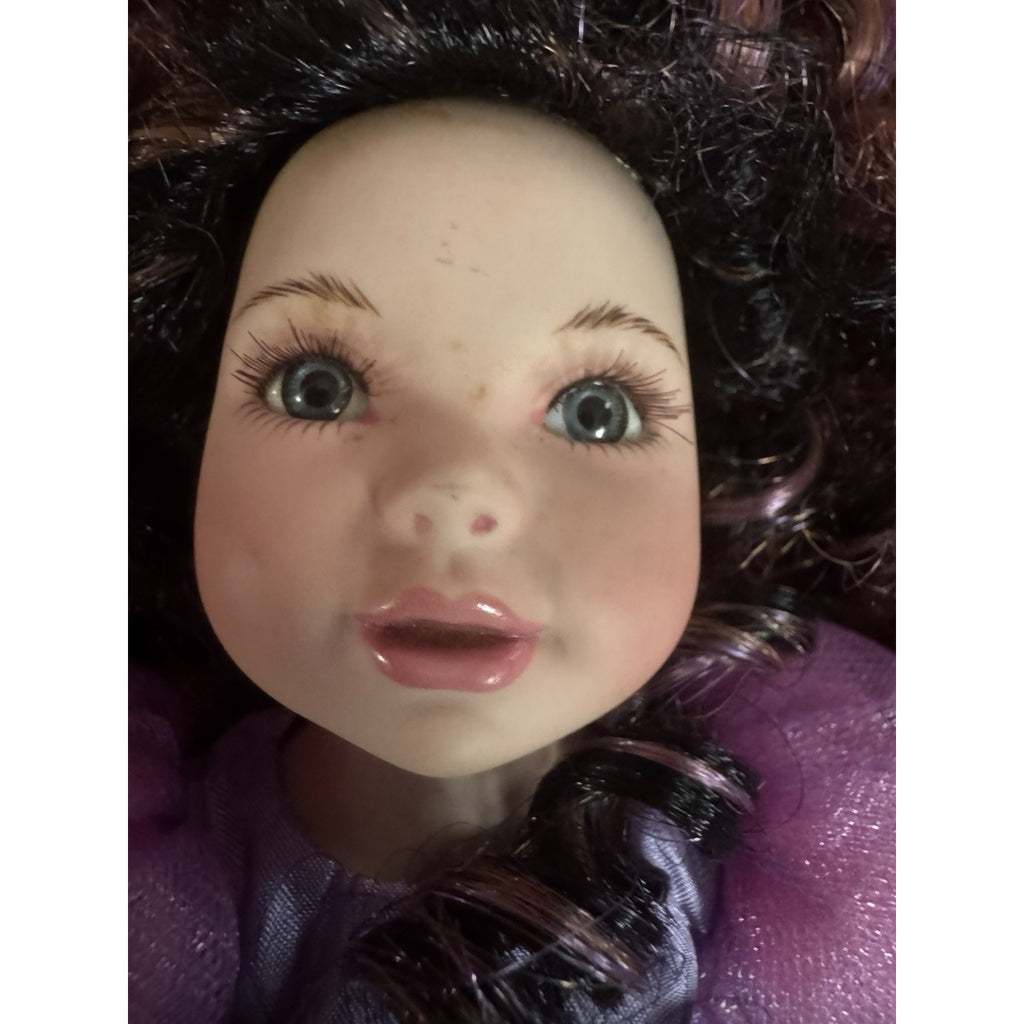 2007 Artist Signed 11” Witch Doll Purple Black Dress Curly Hair Halloween