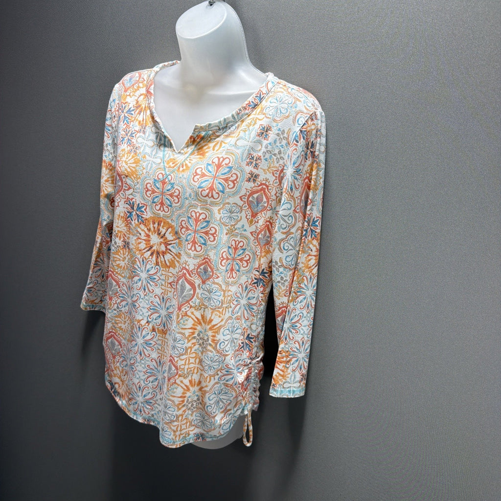 Ladies M Talbots 3/4 Sleeve Notch Neck Top Gather pull on sides Comfy Pastels