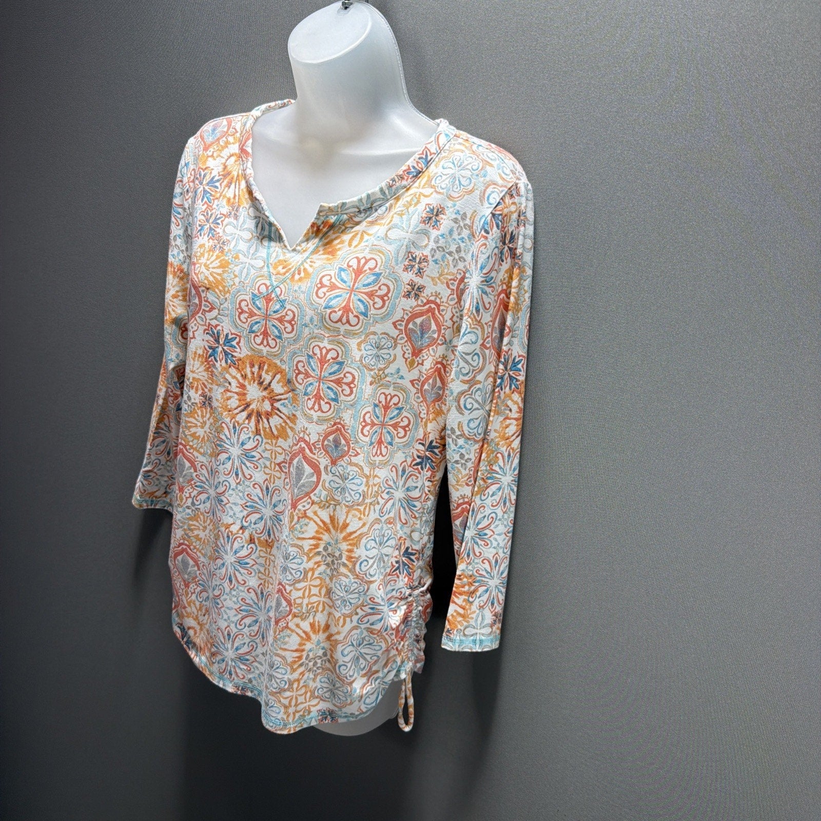Ladies M Talbots 3/4 Sleeve Notch Neck Top Gather pull on sides Comfy Pastels