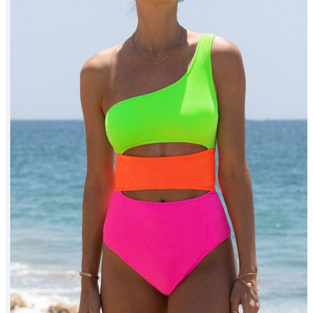 Live Life on the Beach One Piece Bright Green Pink Orange Swimsuit Women’s M NWT