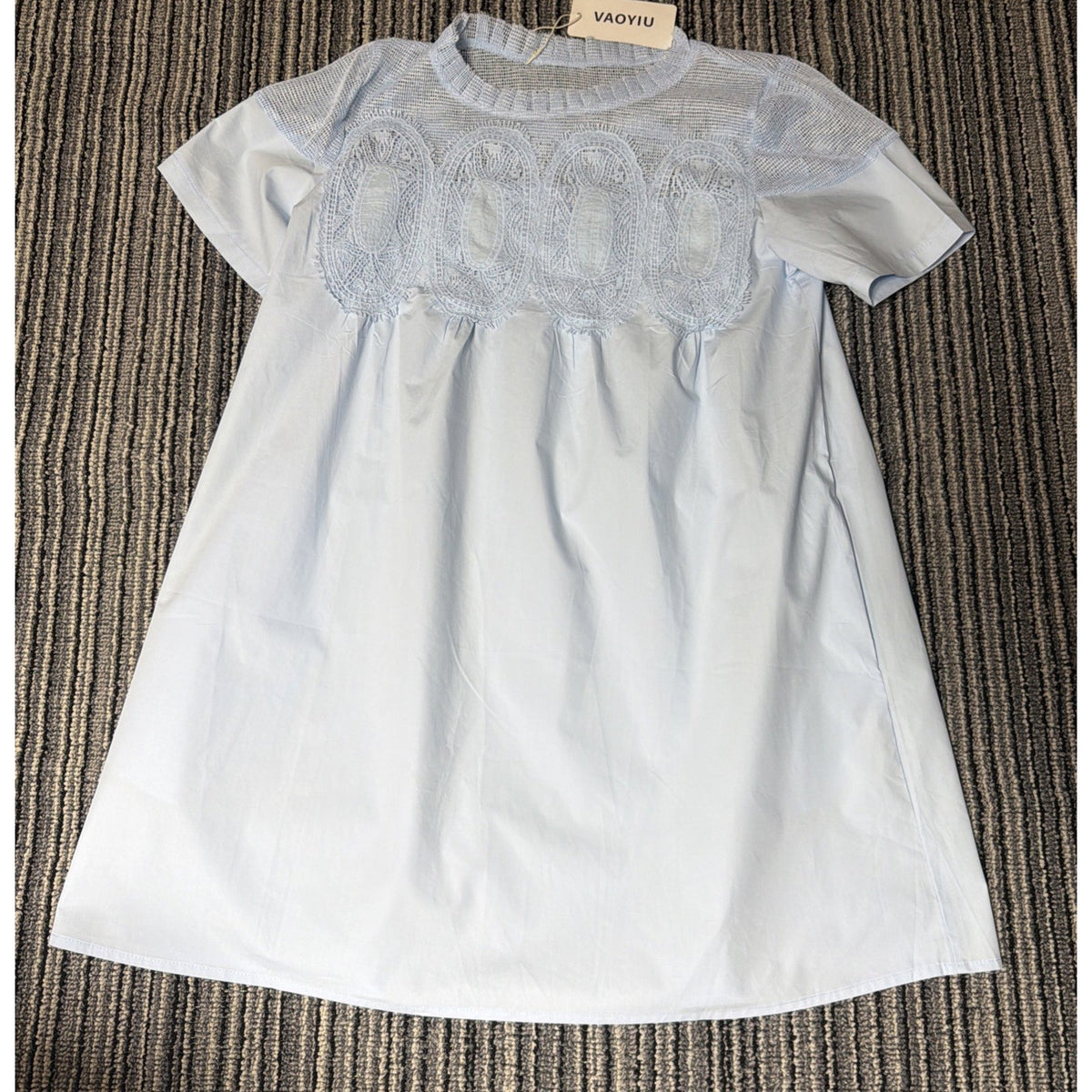 VAOYIU Women S Crochet Lace Mini Dress Round Neck Short Sleeve Sheer Mesh NWT