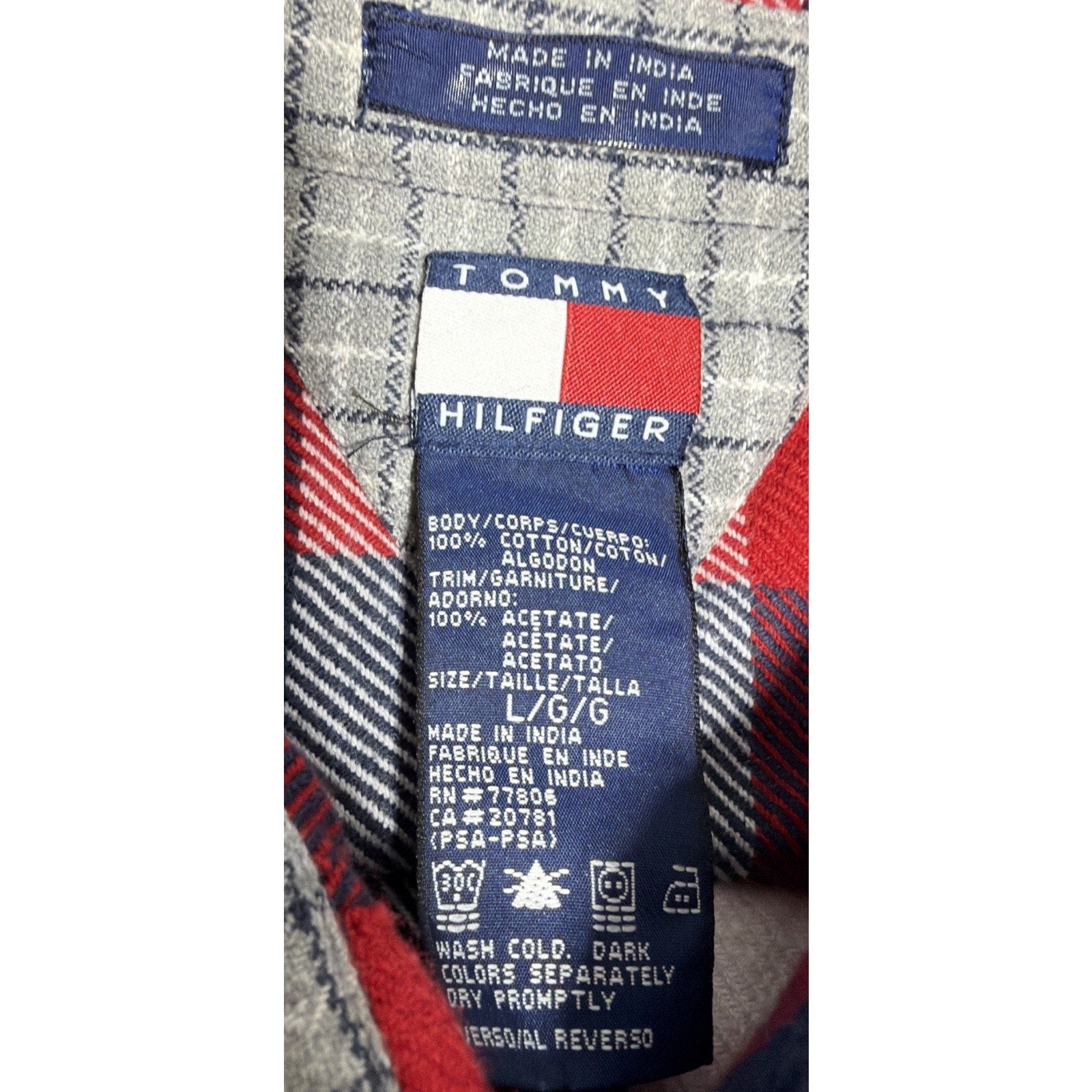 TOMMY HILFIGER Men Large Cotton Red White Blue Plaid Heavy Flannel Shirt