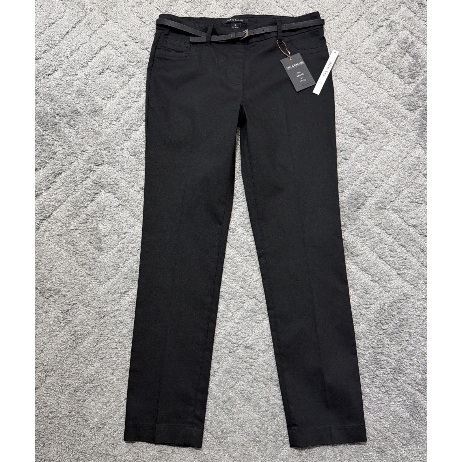 Zac & Rachel Dress Pants Women Sz 10 Black Stretch Belted Straight Slim Legs NWT