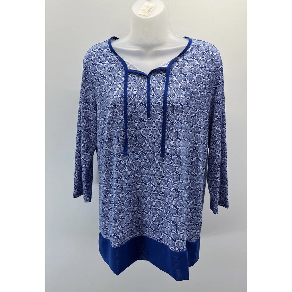 Chicos Blue Medallion Bristol Split Neck Tunic Top Size 0 Small