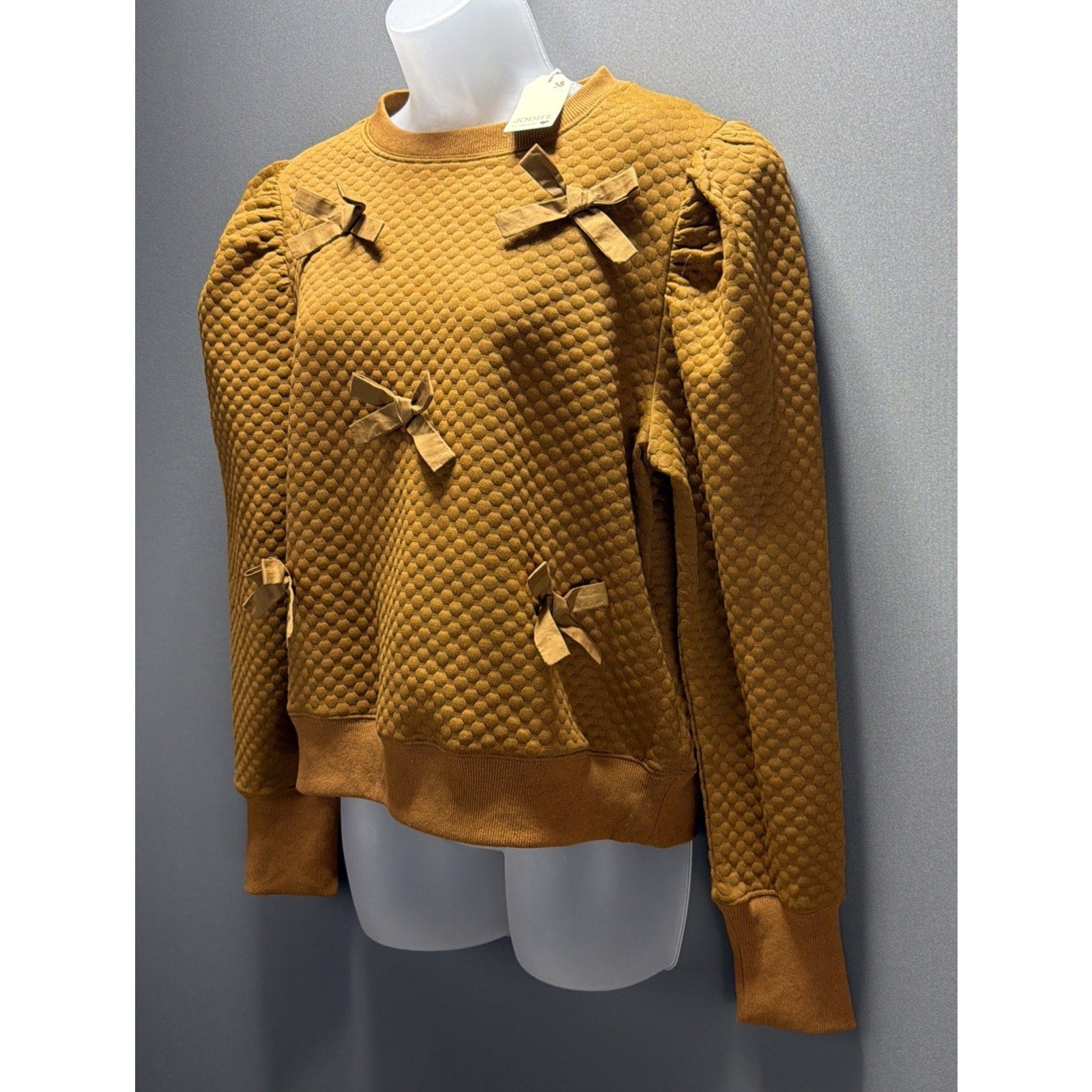 Jodifl Women’s S Puff Long Sleeve Quilted Ribbon Detail Blouse Top Sweater NWT