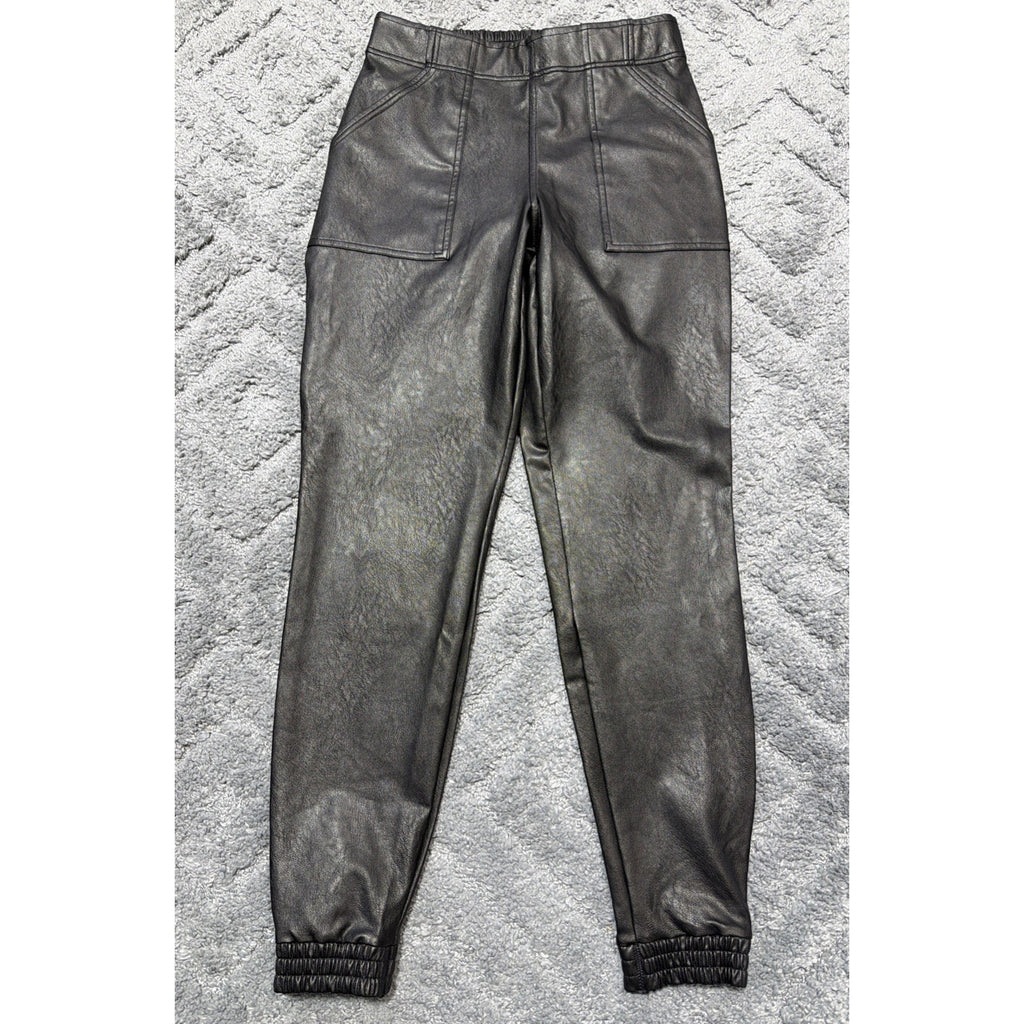 Spanx Womens Size M Faux Leather Joggers Pants Black Noir Cuffed