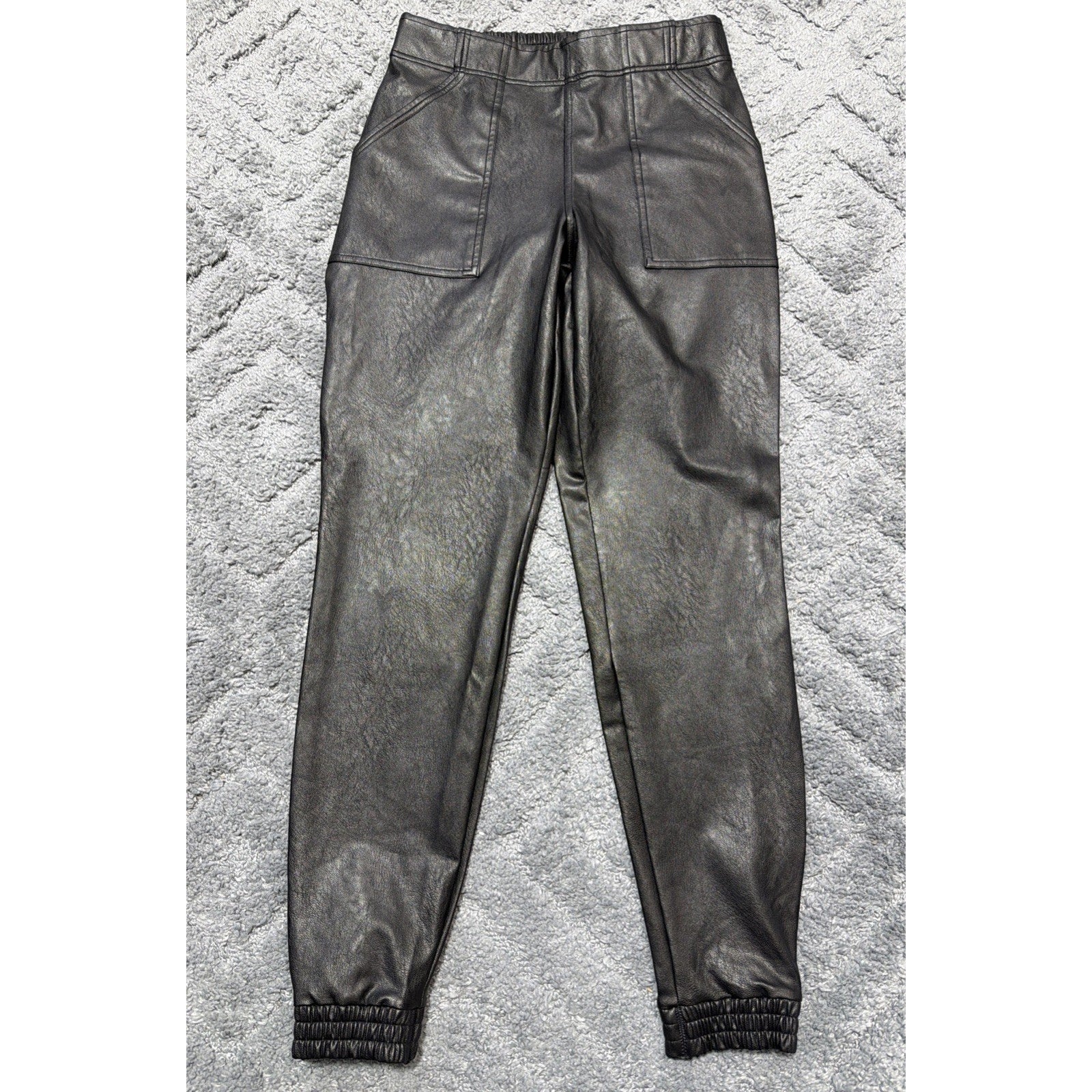 Spanx Womens Size M Faux Leather Joggers Pants Black Noir Cuffed