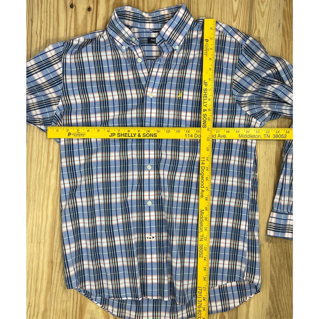 Nautica Button Up Shirt Men M Blue Check Long Sleeve Wrinkle Resistant