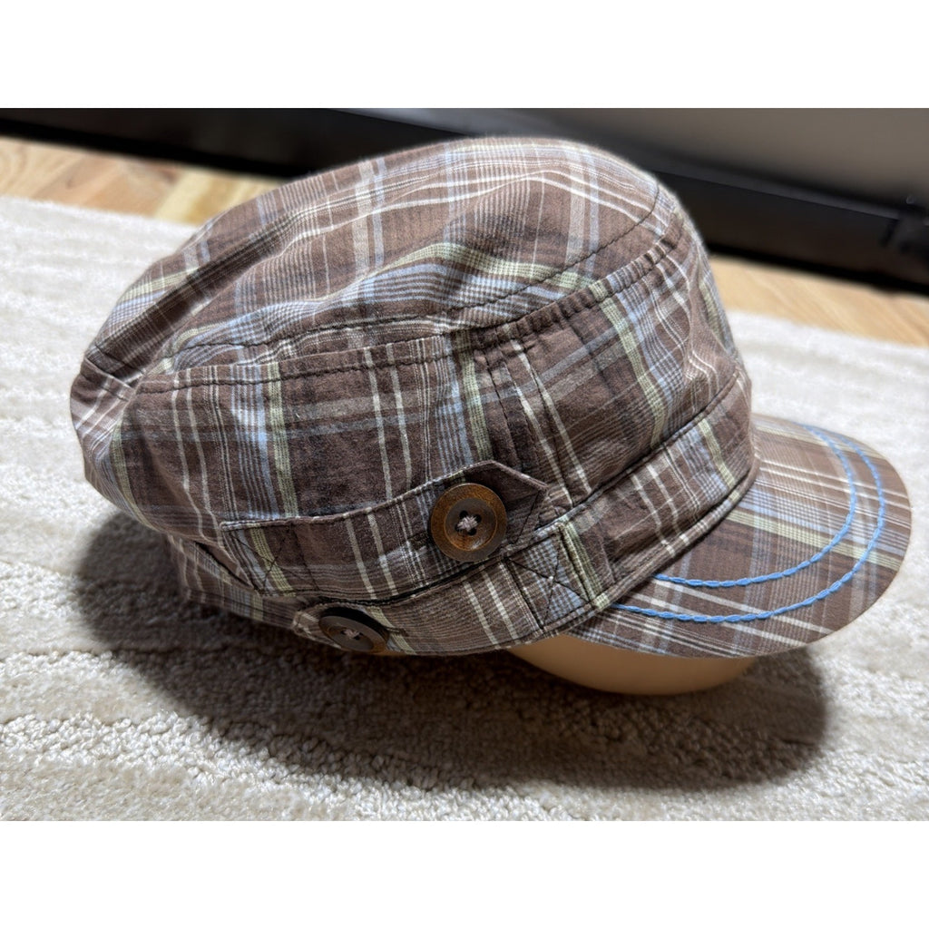 TROPICAL TRENDS Plaid Button Detail 100% Cotton Elastic Back Cap Hat One Size