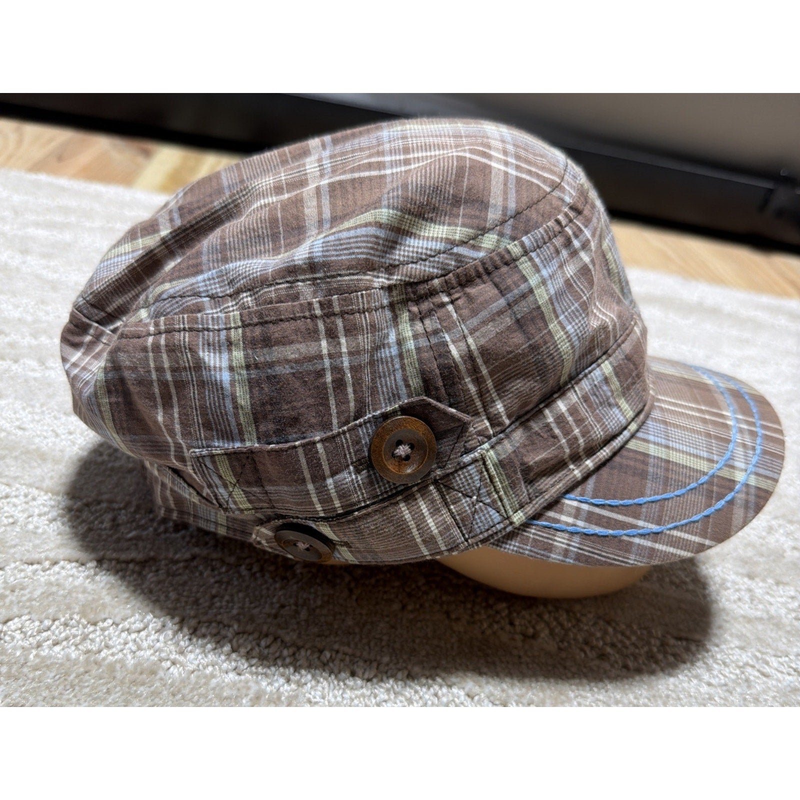 TROPICAL TRENDS Plaid Button Detail 100% Cotton Elastic Back Cap Hat One Size
