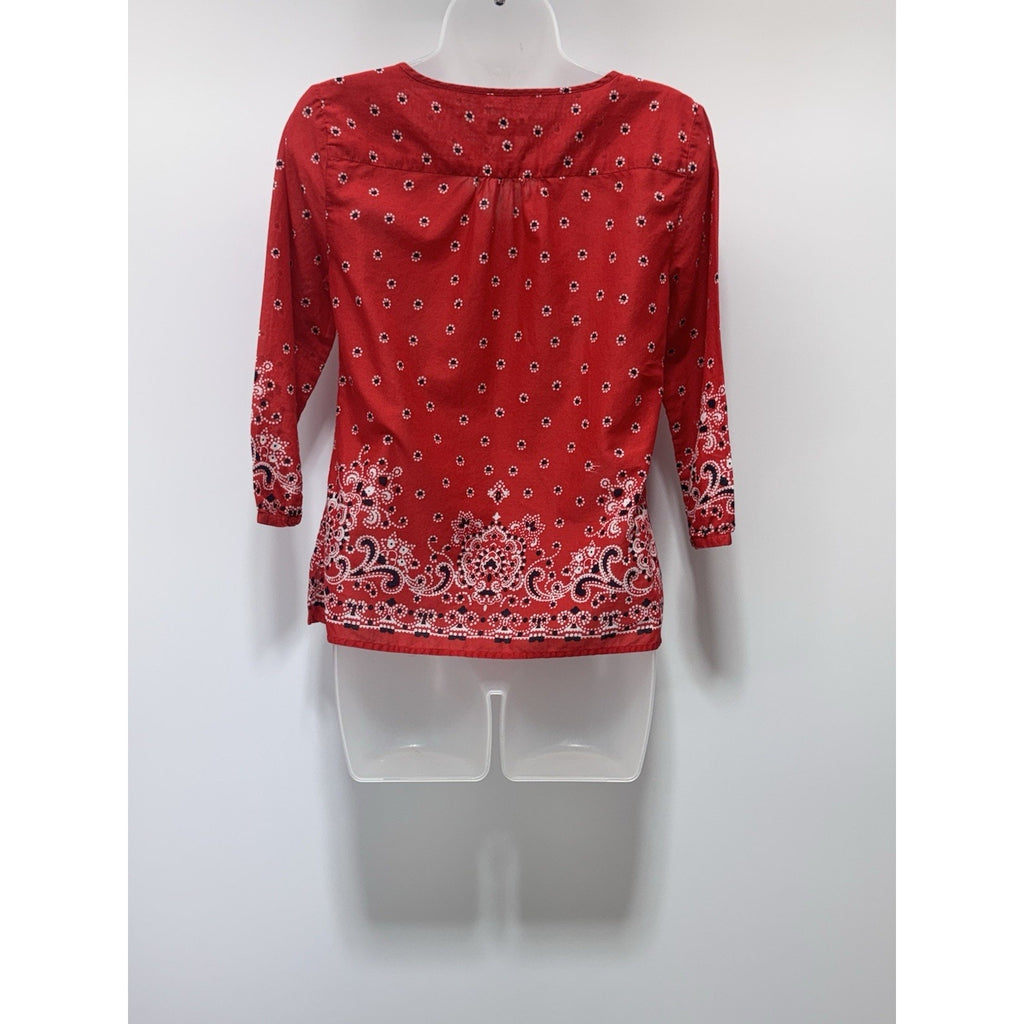 Talbots Red Top Boho Artsy Print Stretch Blouse Tie Front Handkerchief Blouse S